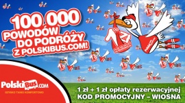 100 000 powodów do podróży z PolskiBus.com! Startuje Wielka Wiosenna Bonanza! Turystyka, BIZNES - PolskiBus.com w ramach Wielkiej Wiosennej Bonanzy wprowadza kody promocyjne na ponad 100 000 biletów w cenie 1 zł + 1 zł opłaty za rezerwację