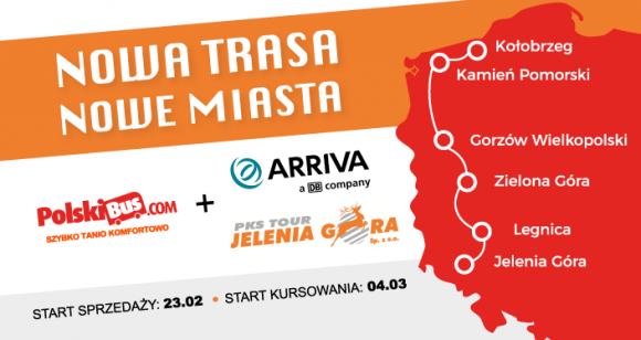 Nowa linia we współpracy z Arriva i PKS Tour Jelenia Góra Turystyka, BIZNES - • Kolejny etap współpracy z Arriva Bus Transport • Nowa trasa na platformie PolskiBus.com: Jelenia Góra – Kołobrzeg • Bilety są już dostępne w sprzedaży, na pierwsze kursy od 4 marca • Fantastyczne ceny zaczynające się od 1 zł + 1 zł opłaty rezerwacyjnej